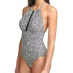 Calvin Klein BLACK MULTI ABSTRACT CHEVRON Mesh-Inset One-Piece Swimsuit